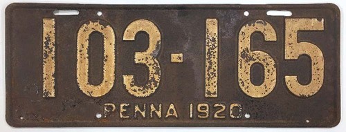 Pennsylvania 1920 License Plate 103-165 Original Paint Antique Man Cave Bar Sign