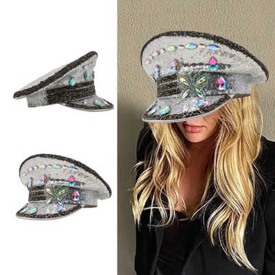 Sparkly Bride Hat Heavy Rhinestones Sequins Butterfly Captain Hat Wedding Photo