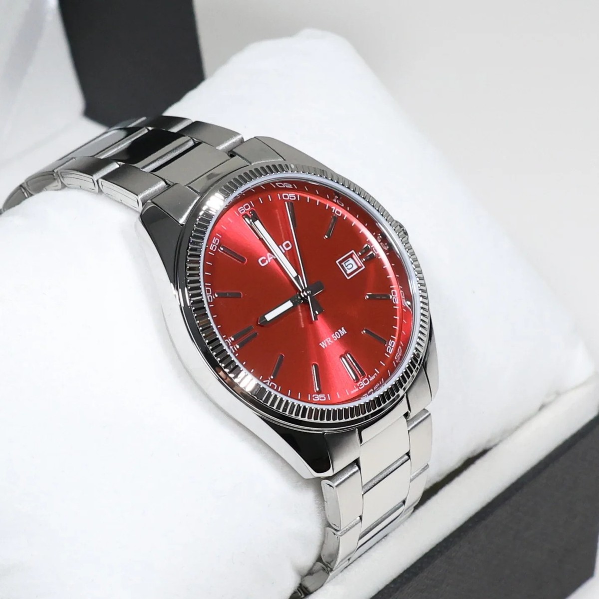 Casio Men's Vintage Red Dial Stainless Steel Watch MTP-1302PD
