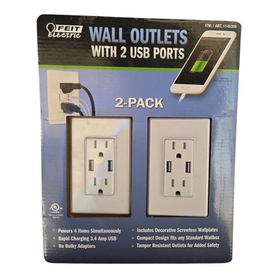  Feit Electric Wall Outlets with 2 USB Ports 2-Pack Tamper Resistant New Sealed