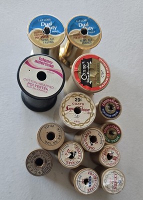  Vintage Sewing Thread Wooden / Other Spools, Lot of 14 Assorted Brands Crafting