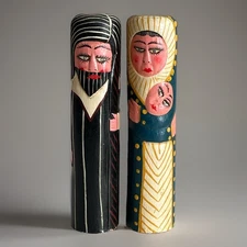 Set of Two Hand-Painted Wooden Stick Figures Vntg 6 3/4” Tall