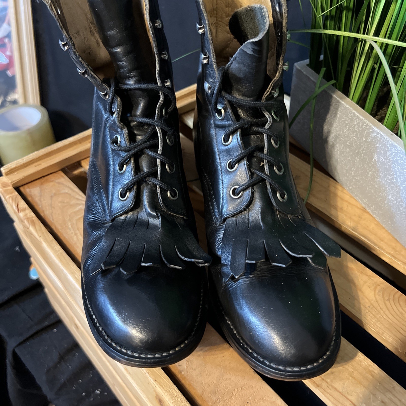 Vtg Justin Women's Leather Black Kiltie Roper Lace Up Boots L0506