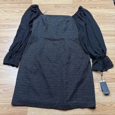 Adrianna Papell Dress Womens 18 Black Metallic Boucle Combo Sheath Puff Sleeves