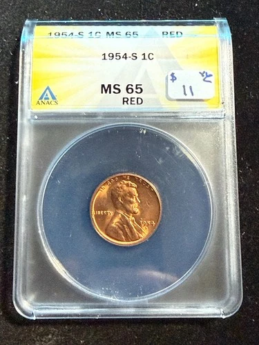 1954 S LINCOLN WHEAT CENT ANACS MS 65 RD 161
