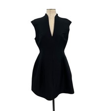 Halston Heritage Silk Faille Plunge V Cap Sleeve Cocktail Dress Black Size 10