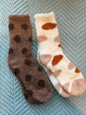 Fuzzy Fluffy Socks, 2 pair, new, polka dots, brown beige