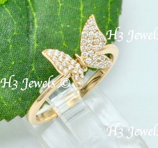 14k  Yellow gold diamond  butterfly diamond ring  0.18 ct