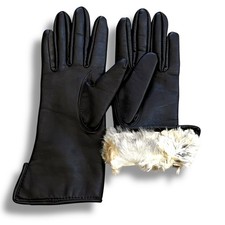 Vintage GLOVES Size B Black Faux Leather Fourchettes Faux Fur Lined Cuff 70s-80s