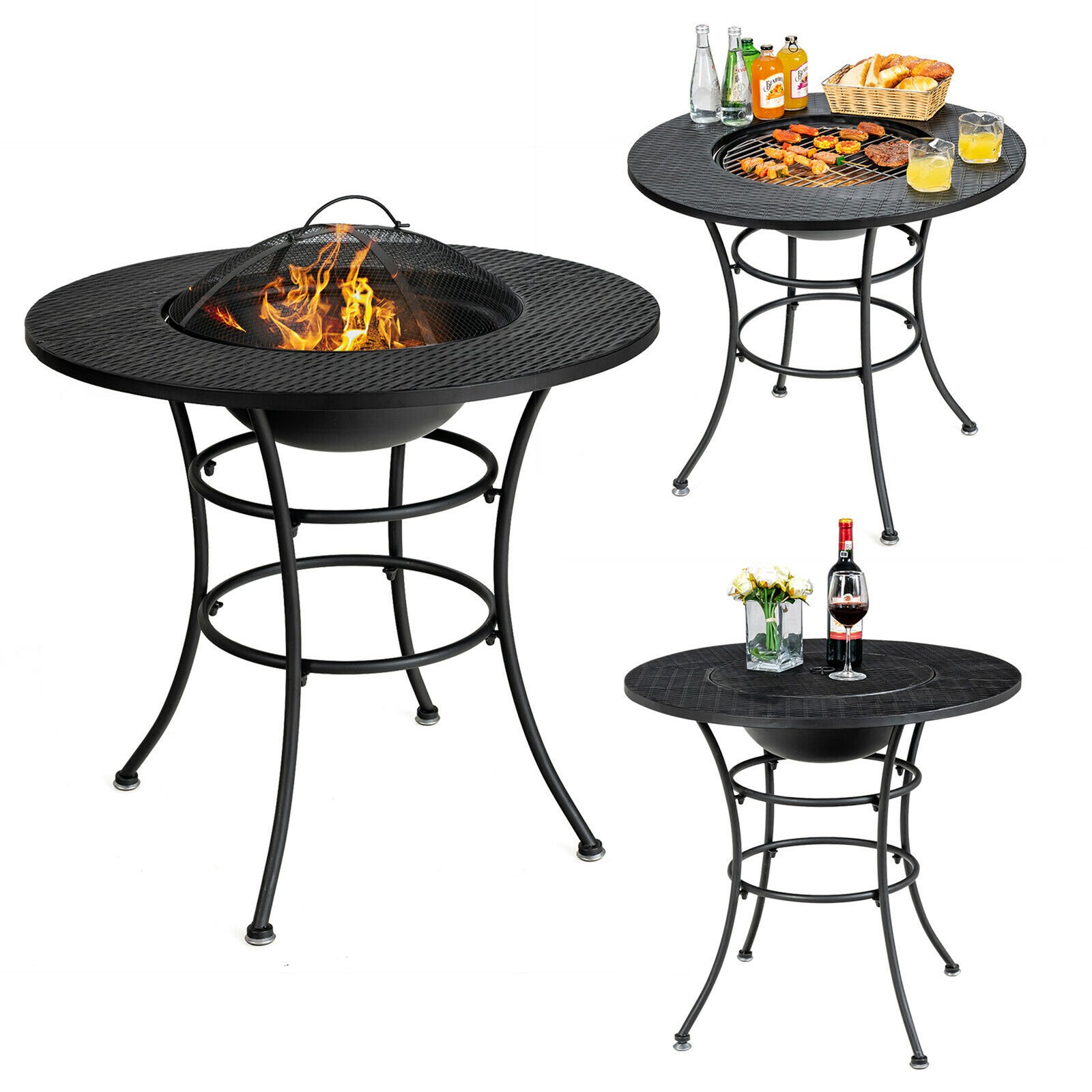 31.5" Patio Fire Pit Dining Table Charcoal Wood Burning W/ Cooking BBQ Grate