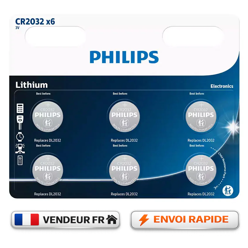 PHILIPS pile bouton CR2032 lithium 3V lot de 6 – clé, télécommande, bios - Image 3