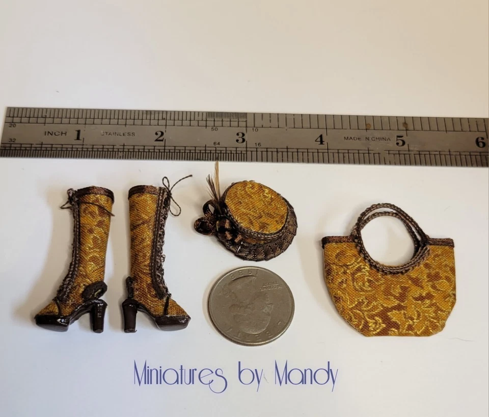 JUEGO DE BOLSA Y ZAPATOS SOMBRERO MINIATURA ARTESANAL. LOTE ESCALA 1/12 Foto 4 de 4