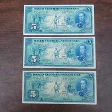 3 CONSECUTIVE SERIAL # COMMEMORATIVE 1966 VENEZUELA 5 BOLIVARES P-49 BANKNOTES