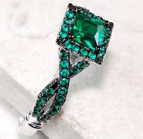 2CT Treated Emerald 925 Solid Sterling Silver Ring Sz 8 MP1 - Imagen 2 de 4