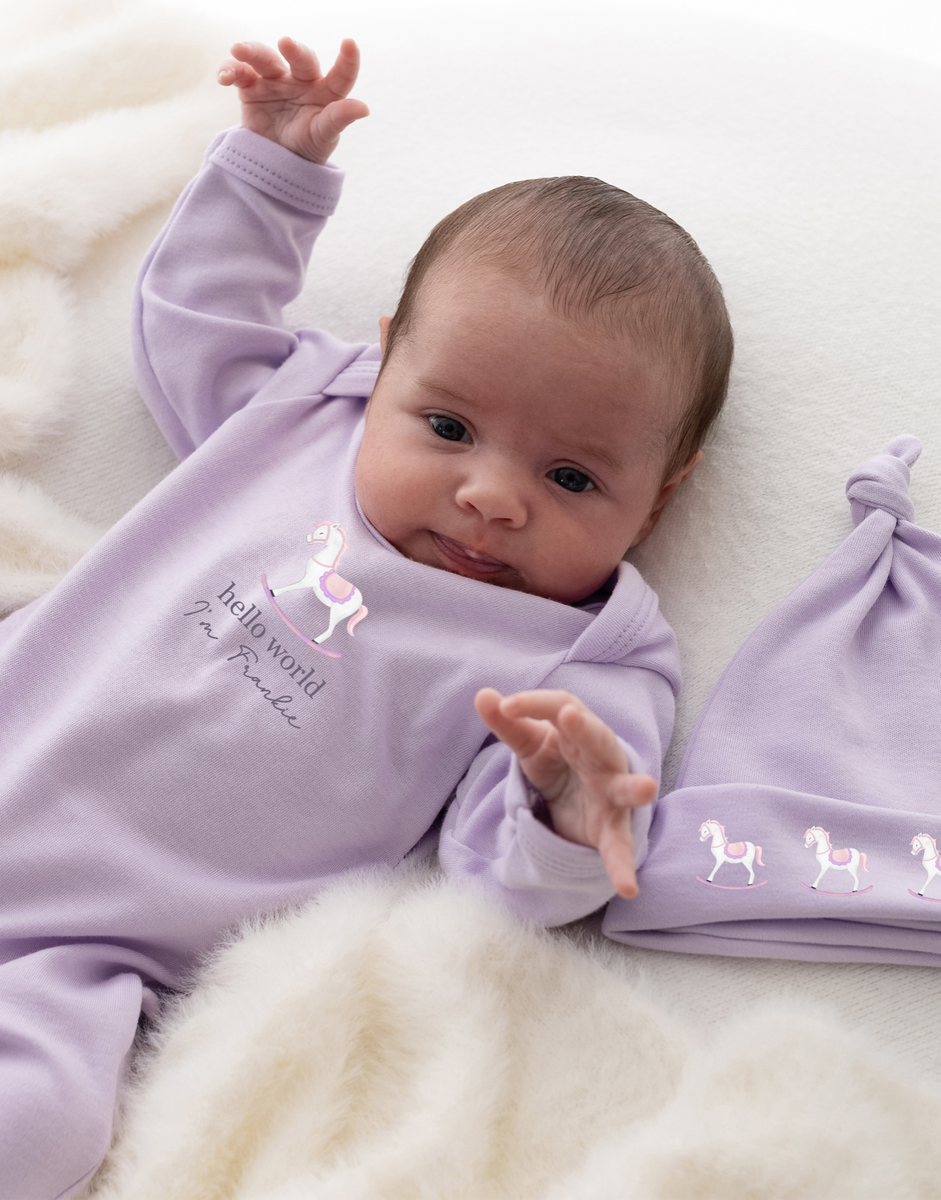 Personalised Hello World Baby grow and hat sleepsuit New Baby Gift Lilac  outfit