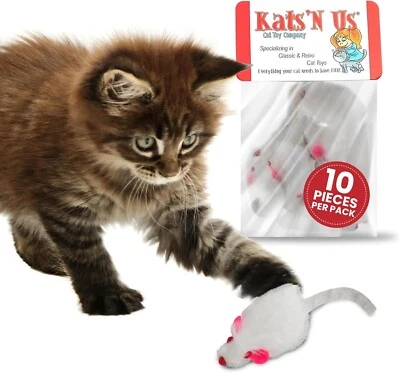 KATS'N US® Fur White Mouse Cat Toy - 10 Pak - With RATTLE SOUND