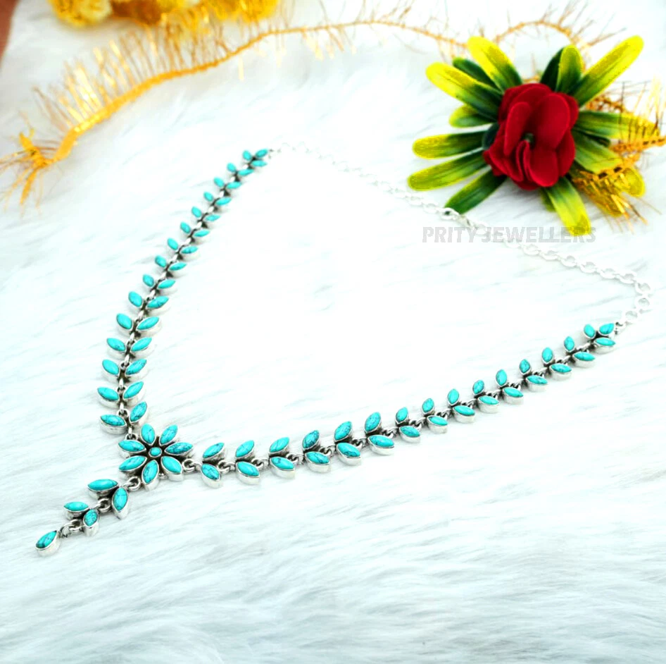 Ожерелье из стерлингового серебра 925 пробы с бирюзой ювелирные изделия ручной работы с натуральными драгоценными камнями - Изображение 2 из 4