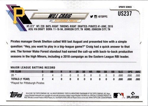 Will Craig 2021 Topps Update - RC #US237 - Pittsburgh Pirates - Picture 2 of 2