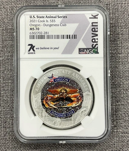 2021 Cook Islands $5 U.S. State Animal Oregon Dungeness Crab NGC MS70 7k