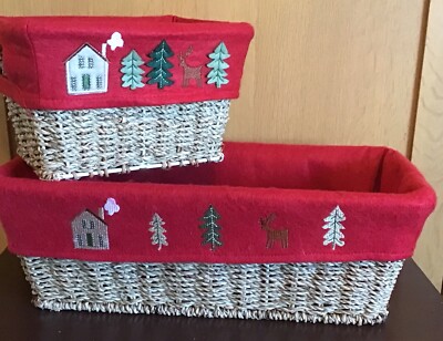 Set Of 2 Holiday Christmas Woven Organizing Baskets With Felt Liners 15  & 8.5 