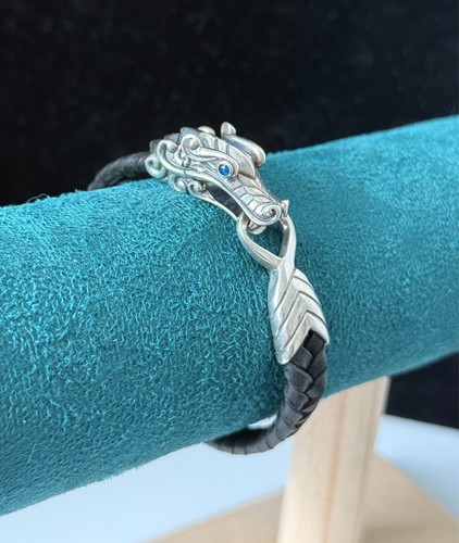 John Hardy Naga Dragon Men's Silver Black Leather Bracelet with Sapphire Eyes - Picture 3 of 5