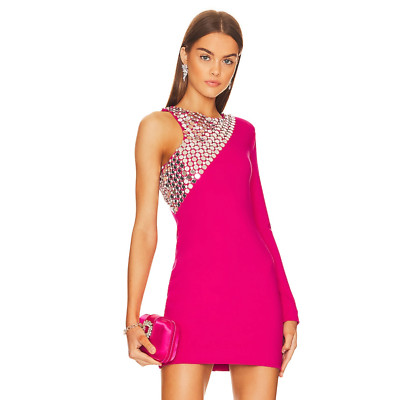 NBD Kinsley Dress Magenta One Shoulder Embellished CZ Rhinestone Mini Sz XS