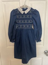 Vintage Polly Flinders Girls 6X Dark Blue Flowers Smocked Dress