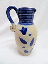 Small Stoneware Salt Glaze Cobalt Blue Pitcher, Vase w/ Handle