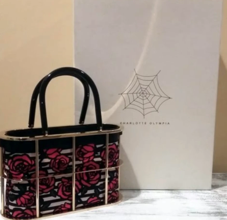 Charlotte Olympia Red Rose Detail Black White Stripe Cage Tote - Image 3 of 4