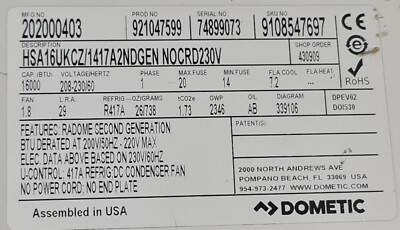 DOMETIC HSA16UKCZ/1417A2NDGEN RADOME AIR COOLER 202000403