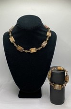 Gold Tone Agate & Faceted Crystal Necklace & Bracelet 2PC Bundle 81.7g