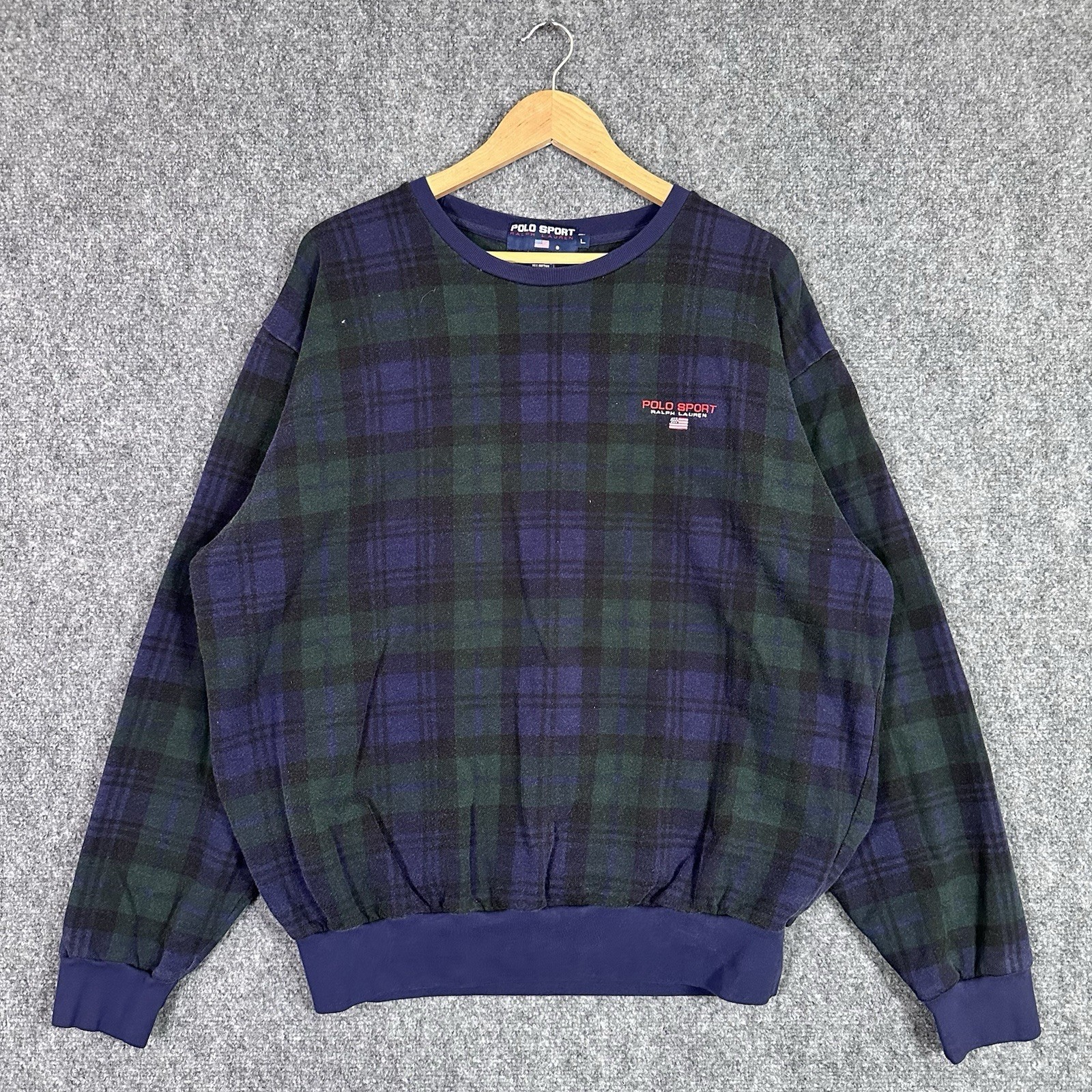 Vintage 90s Ralph Lauren Polo Sport Green Plaid Sweatshirt Sz L Flag Embroidered