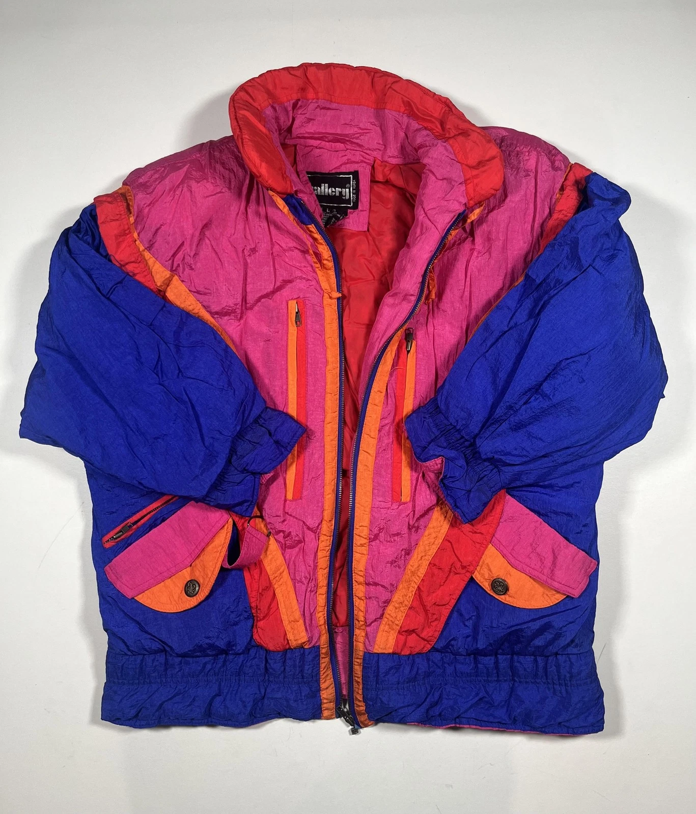 Vintage Gallery Jacket Womens Large Pink Blue Colorblock Down Puffer Ski 80s