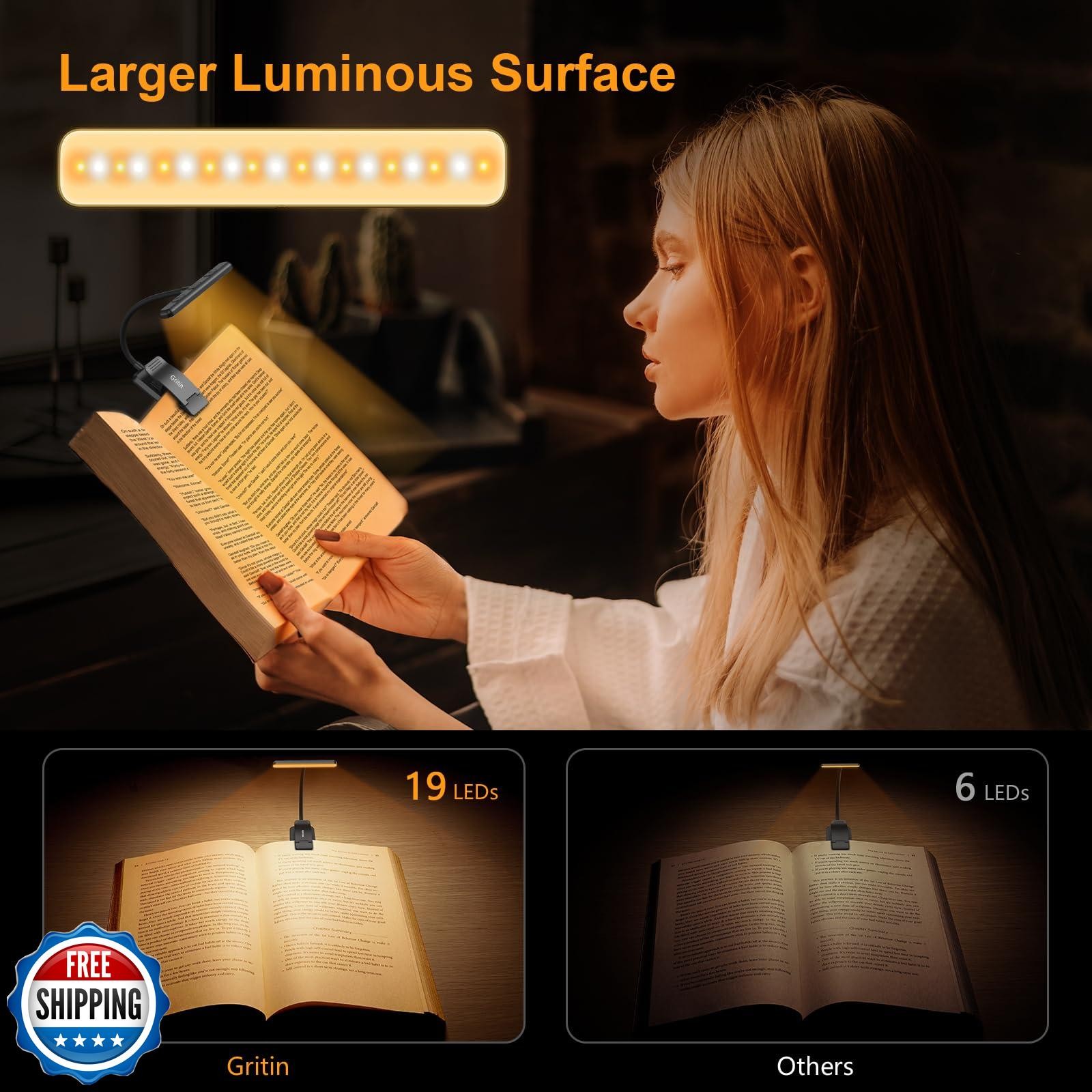 Gritin 19 LED Rechargeable Book Light for Reading in Bed with Memory Function