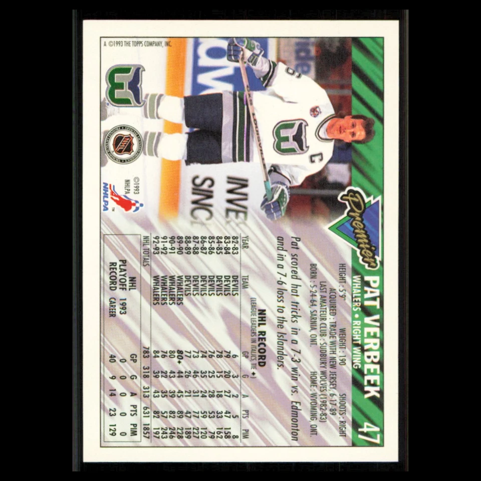 Pat Verbeek #47 1993 Topps Premier Hartford Whalers Hockey Card NHL NM - Image 2 of 3