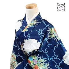 Wankotei Kimono Blue Floral Synthetic Washable Used Japan