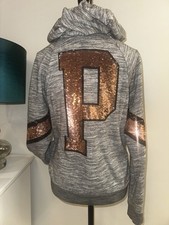 VICTORIA'S SECRET PINK MARL GRAY SEQUINS BLING PERFECT HOODIE SWEATSHIRT L