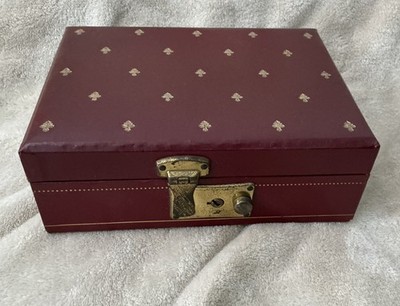 VTG Mele & Co. Jewelry Box Burgundy Faux Leather Fleur-de-lis Accents 1950s MCM