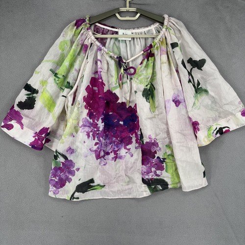 Aje Top Womens 8 White Purple Green Floral Keyhole Tie Linen Relaxed