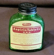 Vintage McKesson’s Aspirin Green Glass Medicine Bottle Mckesson & Robbins