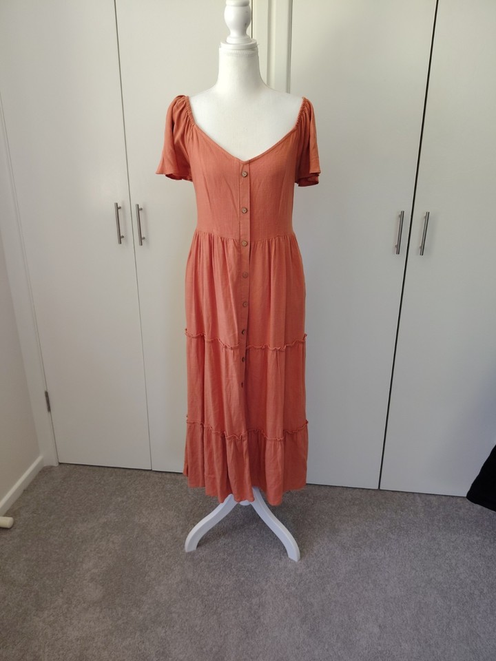 Esther & Co Orange V-Neck Button Front Shift Midi Dress Short Sleeve Size 8