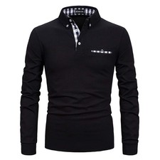 Polo Shirt Men's Long Sleeve Cotton Golf TShirt Casual Tops, Black, L