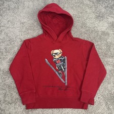 Polo Ralph Lauren Hoodie Unisex Kids S 8 Red Pullover Fleece Hooded Polo Bear