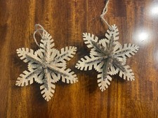 Set of 2 Glitter Snowflake Wooden Ornaments 5" x 4.5" Holiday