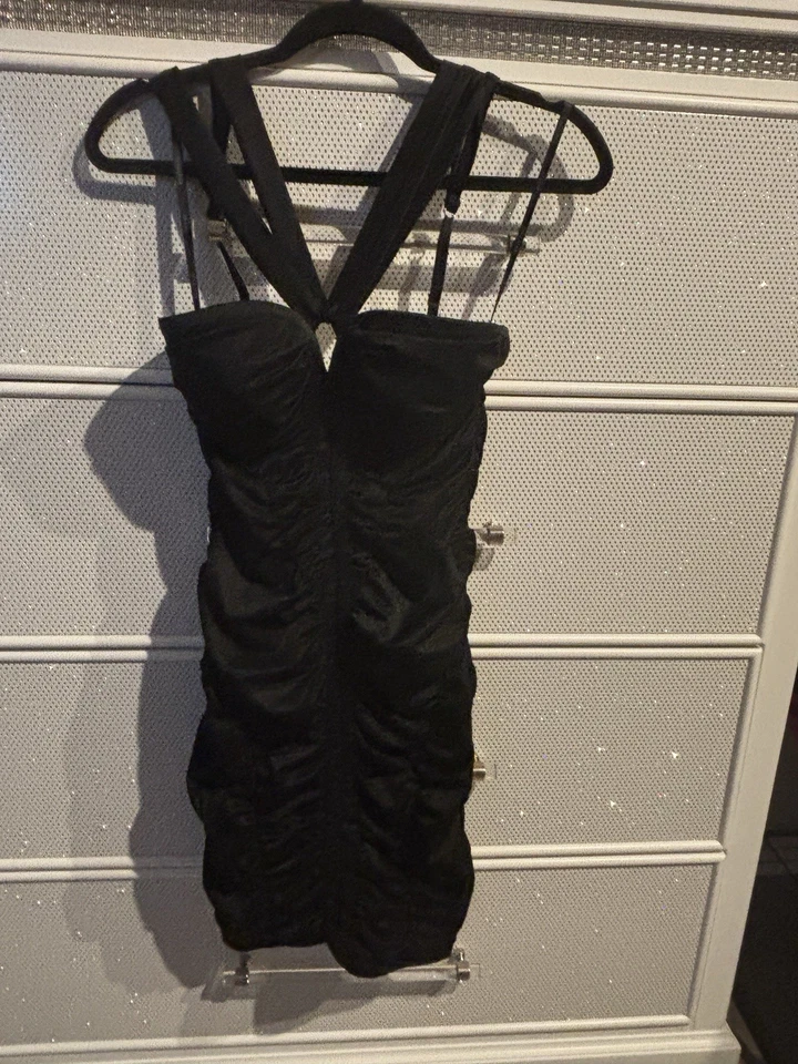 Bebe Sexy Hot Elegant Black Halter Neck Ruched Bodycon Cocktail Dress Small - Image 2 of 4