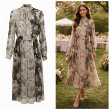 Oscar de la Renta Silk Floral Tie Neck Midi Dress Black Cream Beige Brown US 6