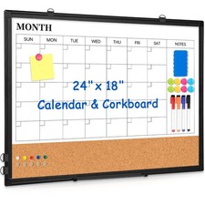 Monthly Calendar Whiteboard Dry Erase Cork Board Combo, 24" x 18" Magnetic Doubl