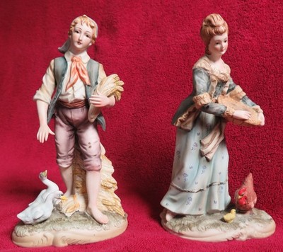 8'' Lefton China Bisque Porcelain Man Farmer James KW374 and Wife Pauline KW375