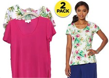 Slinky® Brand 2pk CapSleeve Knit Tops Print and Solid White Floral/Fuchsia Med