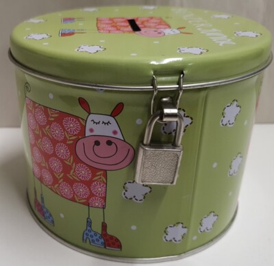 Benzer Junior Cow Themed Round Money Tin with Padlock and Keys 10cm Tall 